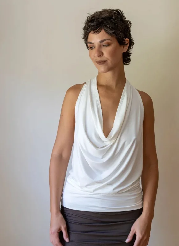 Cowl Neck Backless Halter Top in White