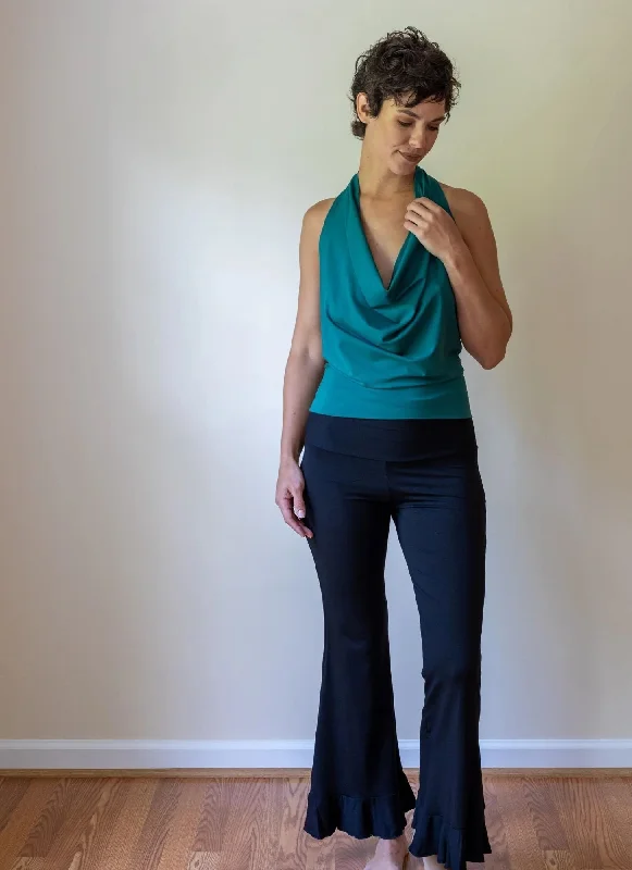 Cowl Neck Backless Halter Top in Jasper Green