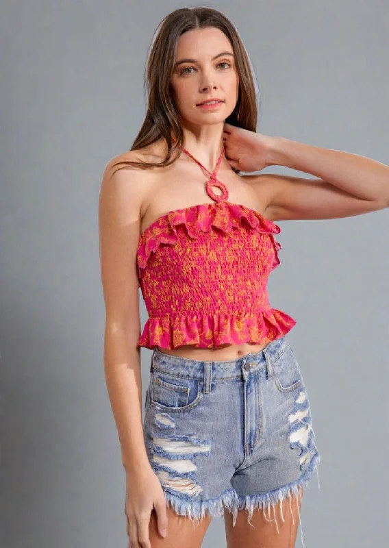 Ruffled Smocked Backless Sleeveless Top