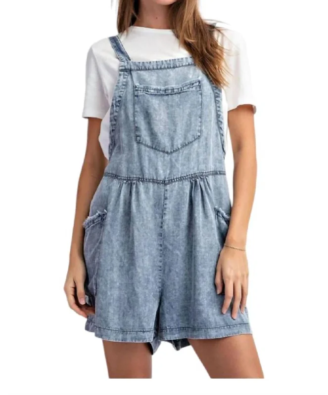 Acid Washed Denim Romper In Washed Blue