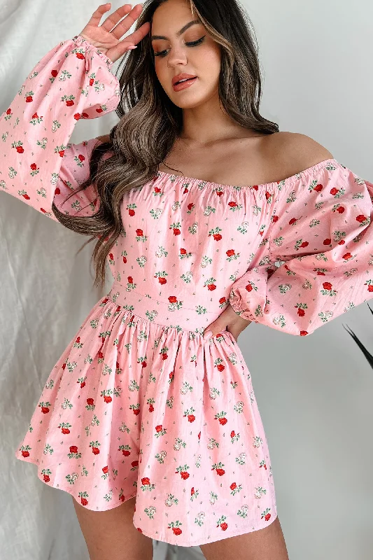 Captivating Blossoms Off The Shoulder Floral Print Romper (Pink)