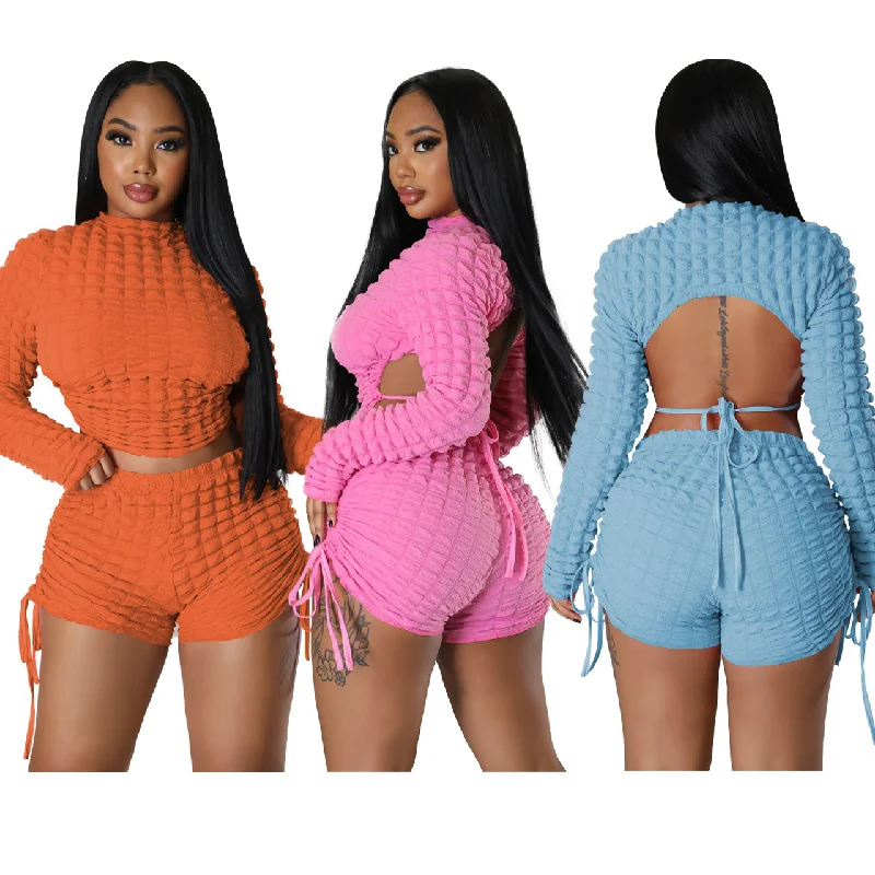 Long Sleeve Backless Crop Tops 2 Piece Short Pants Outfits For Women 2023 Casual Drawstring Short Set