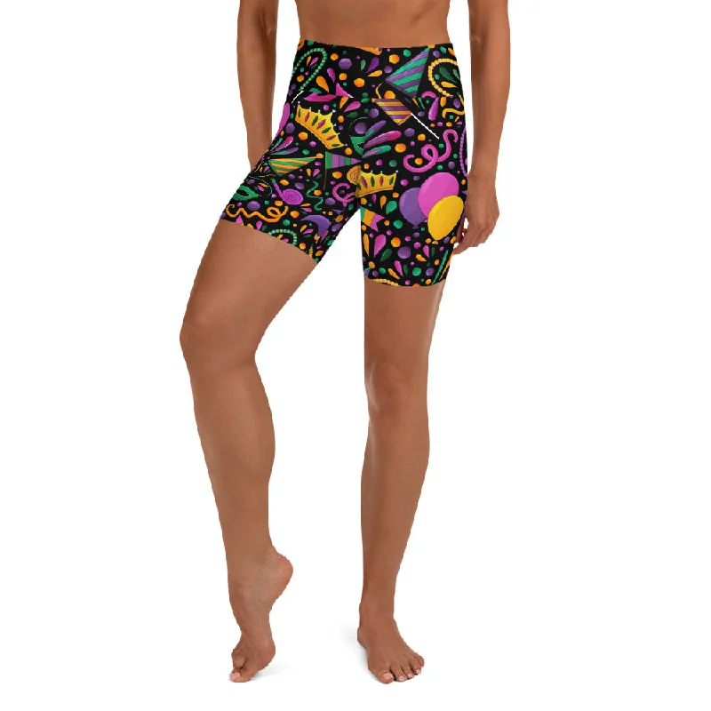 Mardi Gras Masks & Beads Party Yoga Shorts