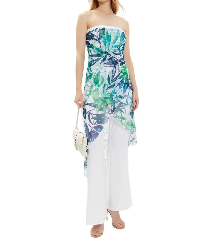 Mesh And Silky Knit Tropical Print Jumpsuit In Vanilla/multi