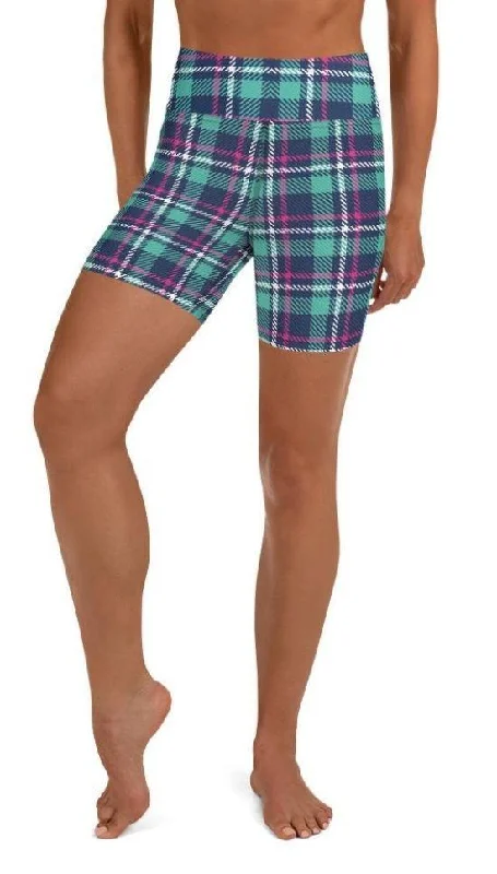 Pink & Turquoise Plaid Print Yoga Shorts