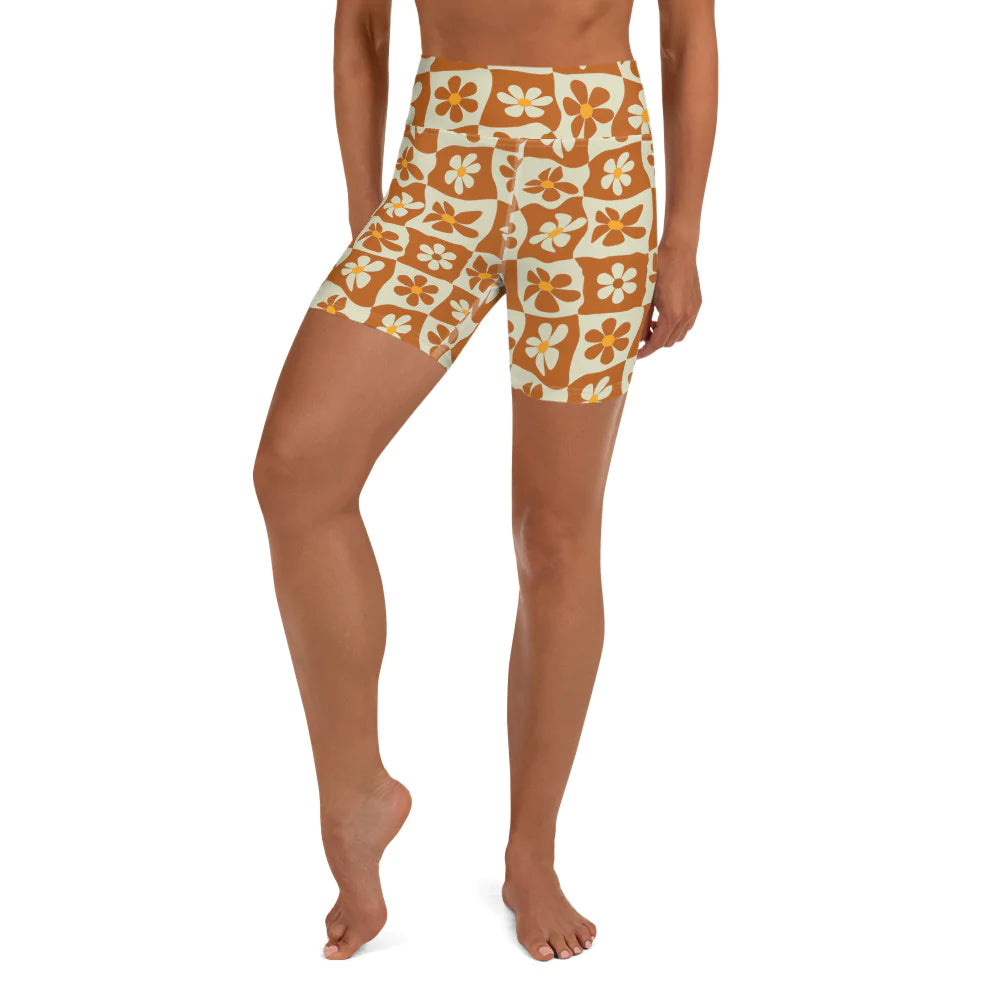 Retro Flower Checkerboard Yoga Shorts