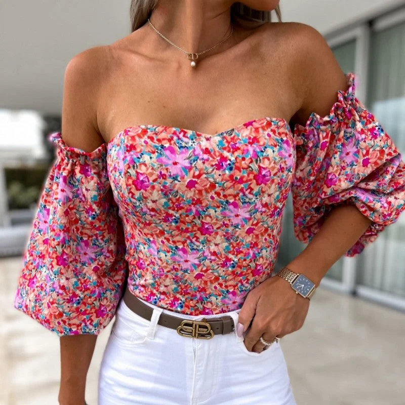 Sexy Top Summer Off Shoulder Floral Blouse Women Boho Casual Backless Women's Blouses Holiday Elegant Tops Clothing C14587