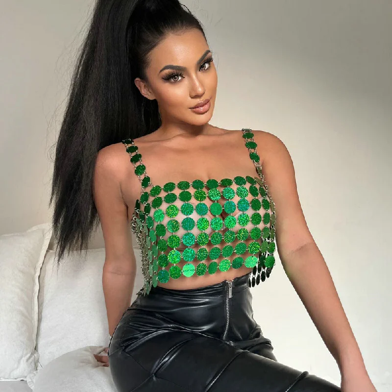 SHIHAN 2023 Fashion Nightclub Top Green Women Sexy Backless Square Metal Chain Sequin Vest Sexy Night Club Tops Ladies Vest