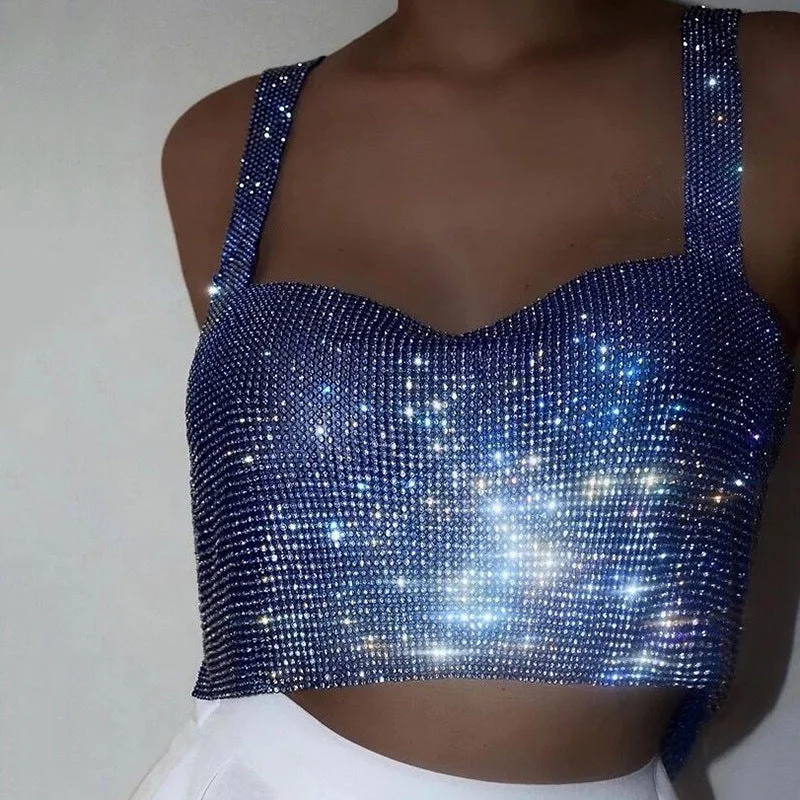 SHIHAN Diamante Chainmail cropped top blue color rhinestone sparkle sexy birthday party tank tops women vest