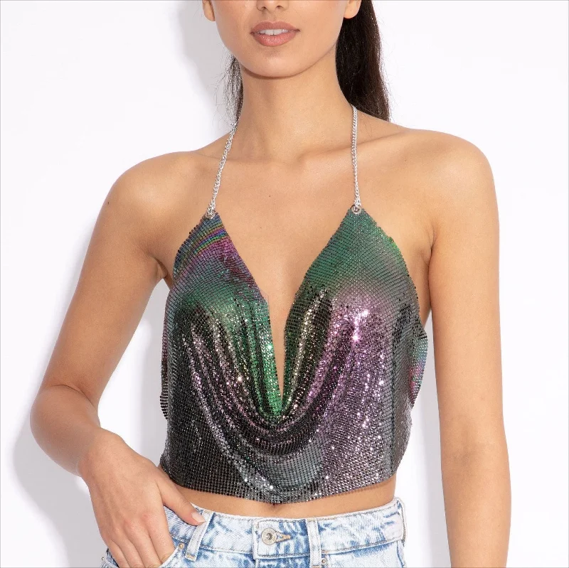 SHIHAN Shinning Metal Chain Crop Top Summer Beach Backless Metallic Mesh Halter Sexy Tops Party Women Tank Top Sequins