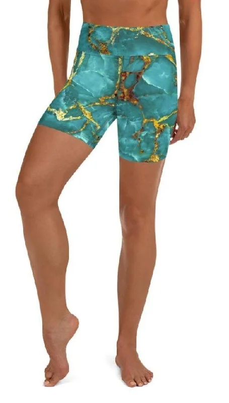 Turquoise & Gold Marble Yoga Shorts